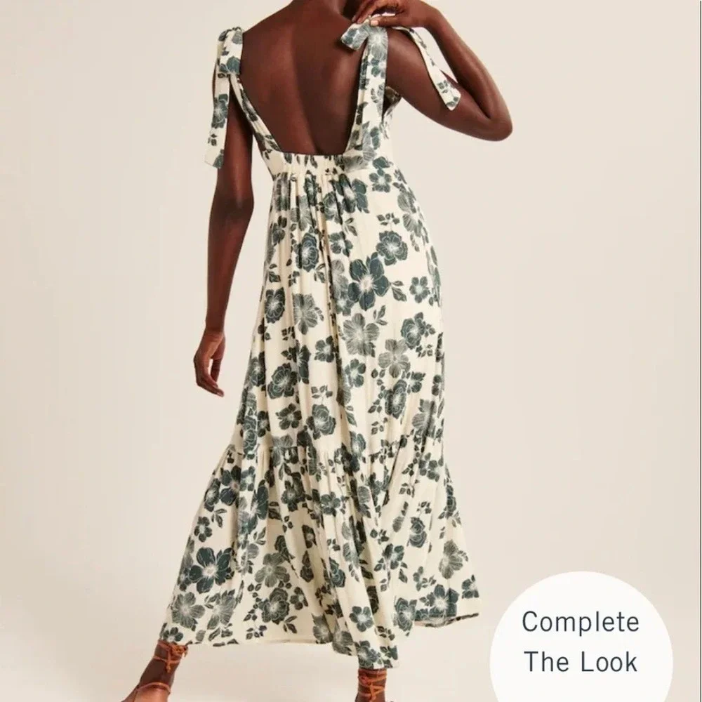 Abercrombie | Tie-Strap Floral Babydoll Midi Dress Green